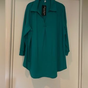 NWT Gorgeous Teal Liquid Knit Tunic with V-Neck + Collar 2X